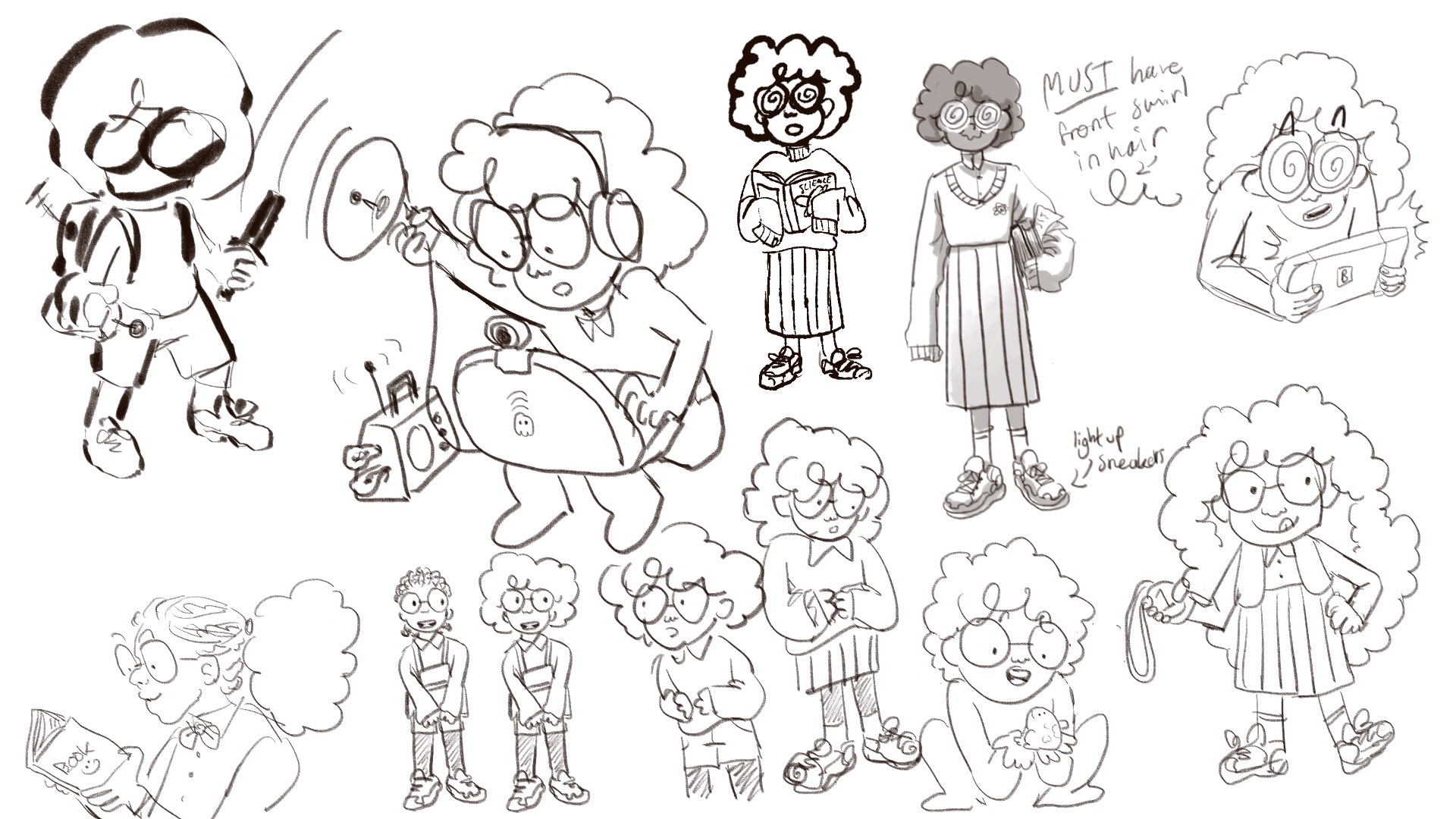 Sketches for the character Amiria, a young black girl with a tight afro, cardigan sweater, and round glasses.