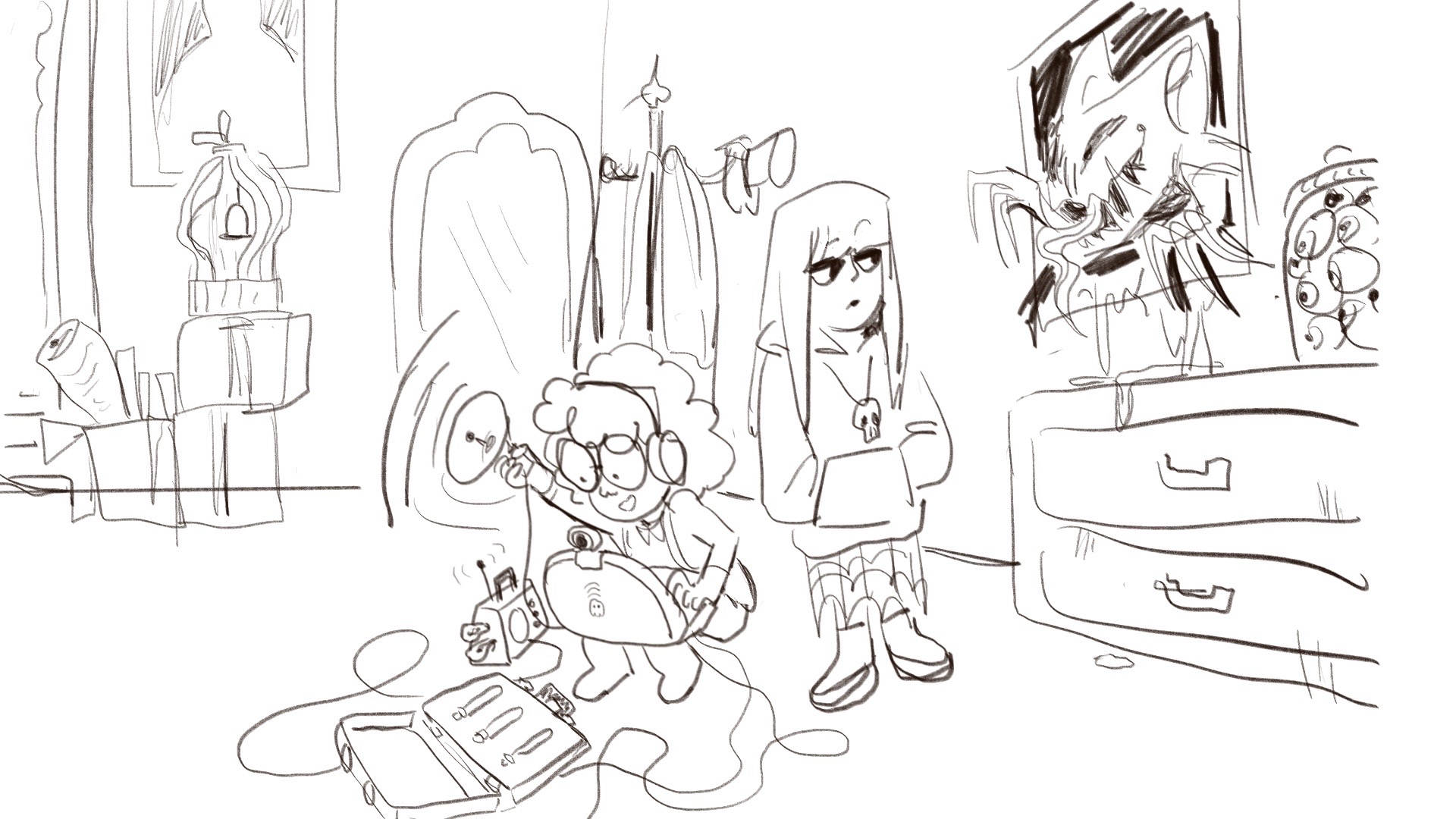 Amiria and Ena sitting in a dusty attic filled with furniture. Amiria is excited on her laptop looking for evidence of ghosts while Ena notices a bat-like ghost crawl out of a painting on the wall.