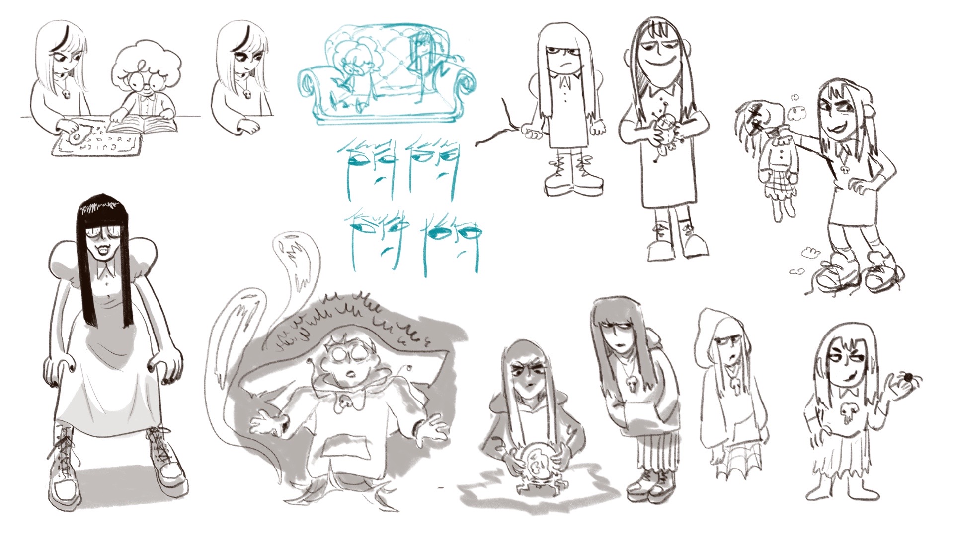 Sketches for the character Ena, a young girl with pale skin and long, straight hair, thick bangs, a large hoodie, spider web patterned skirt, and chunky boots.