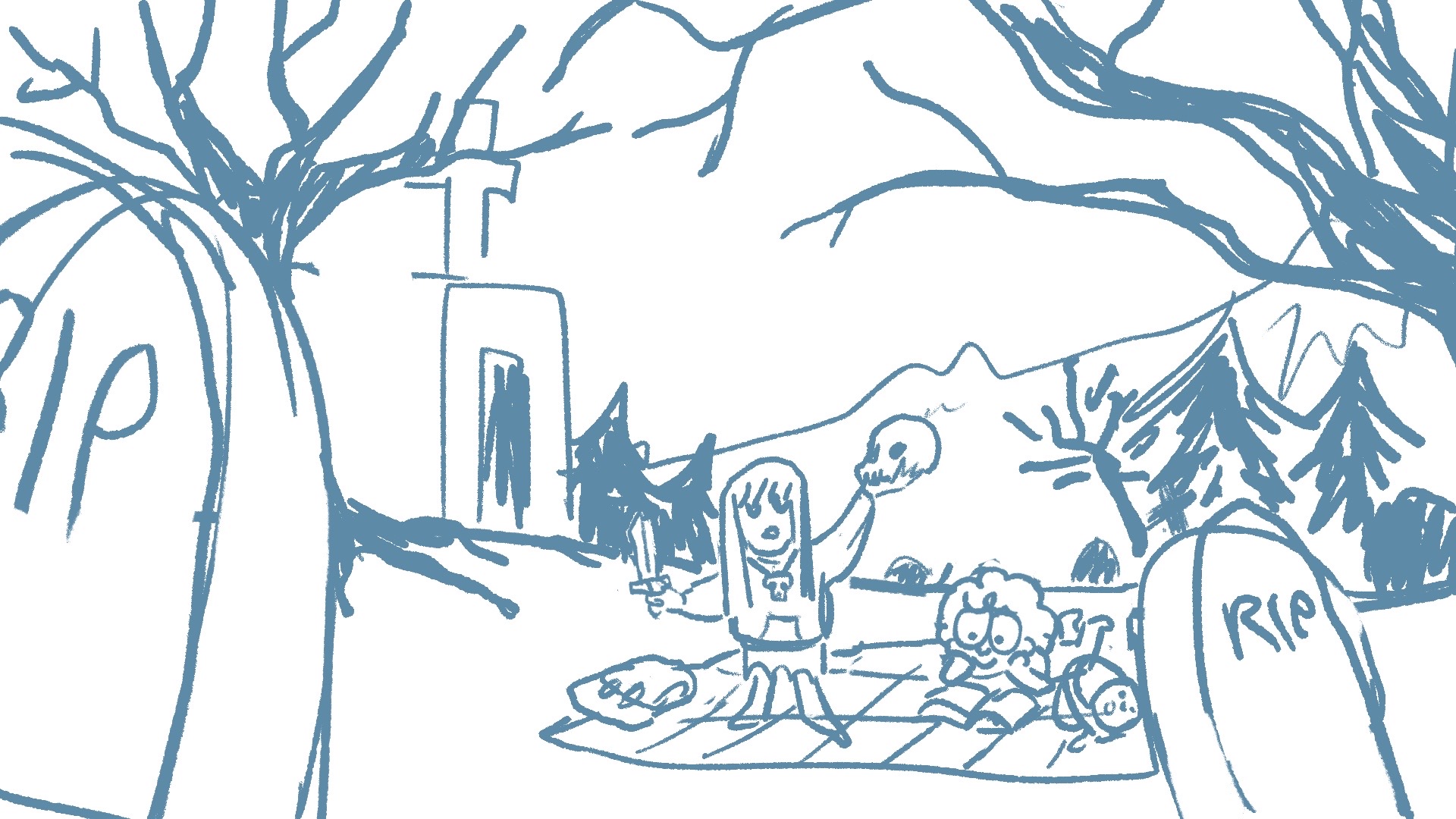 Amiria and Ena having a picnic in the graveyard. Amiria is reading a thick book while Ena holds a skull and dagger and reciting Shakespeare.