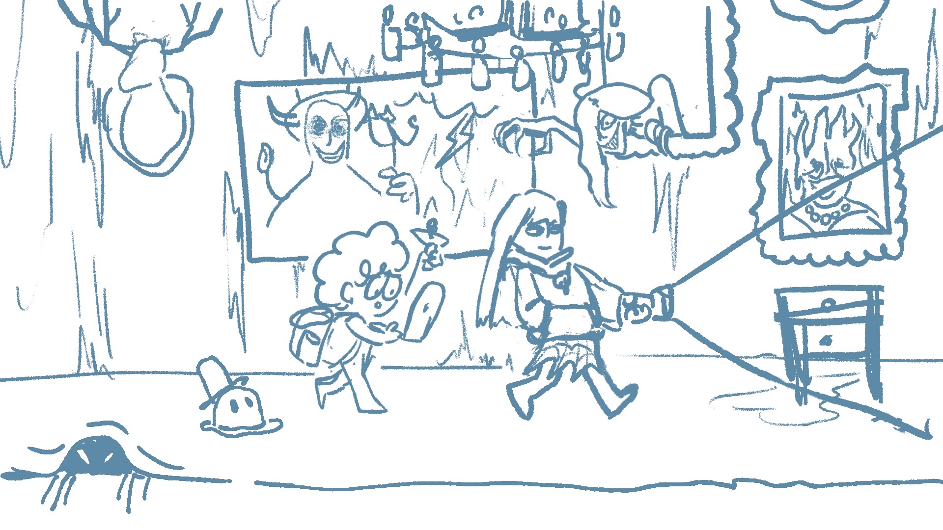 A sketch of Amiria and Ena walking through a haunted hallway surrounded by ghosts.