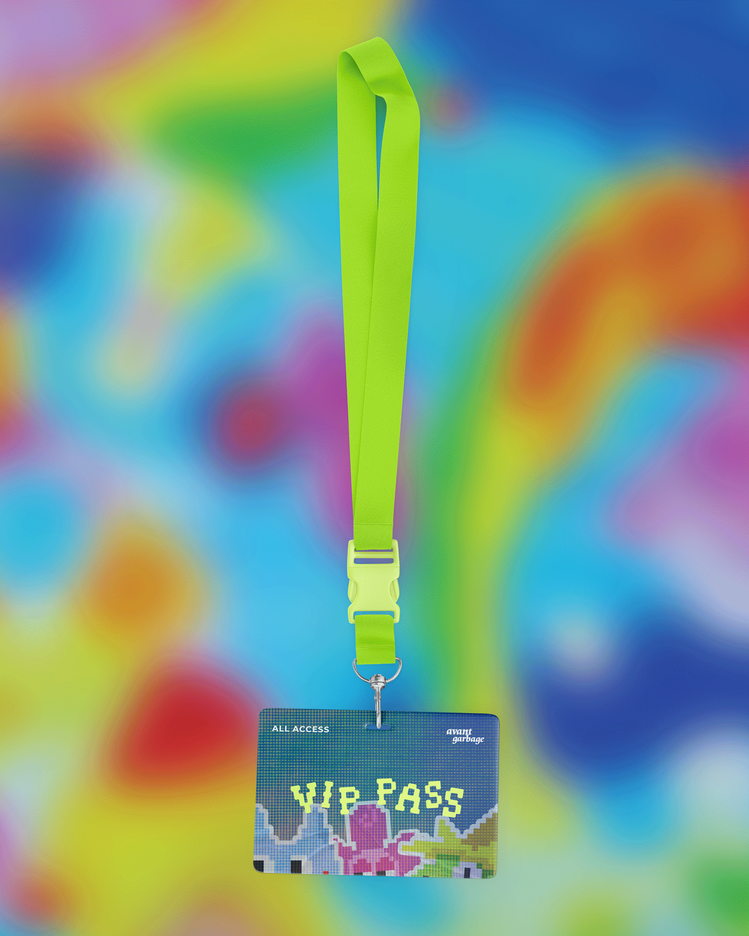 Mockup of lanyard with a VIP pass that has glow in the dark text.