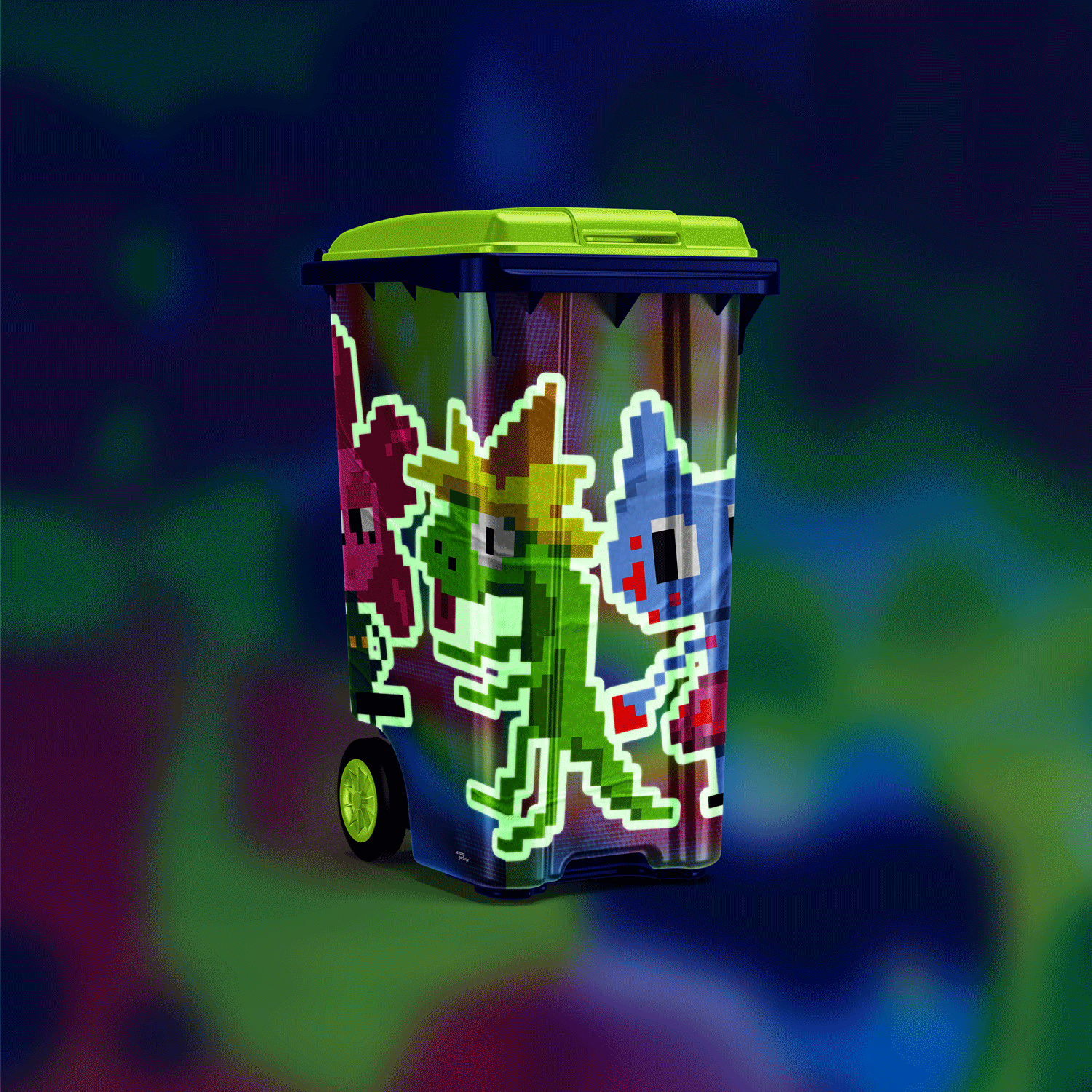 Mockup of garbage can with colourful wrap featuring three pixel art characters with glow in the dark outlines.