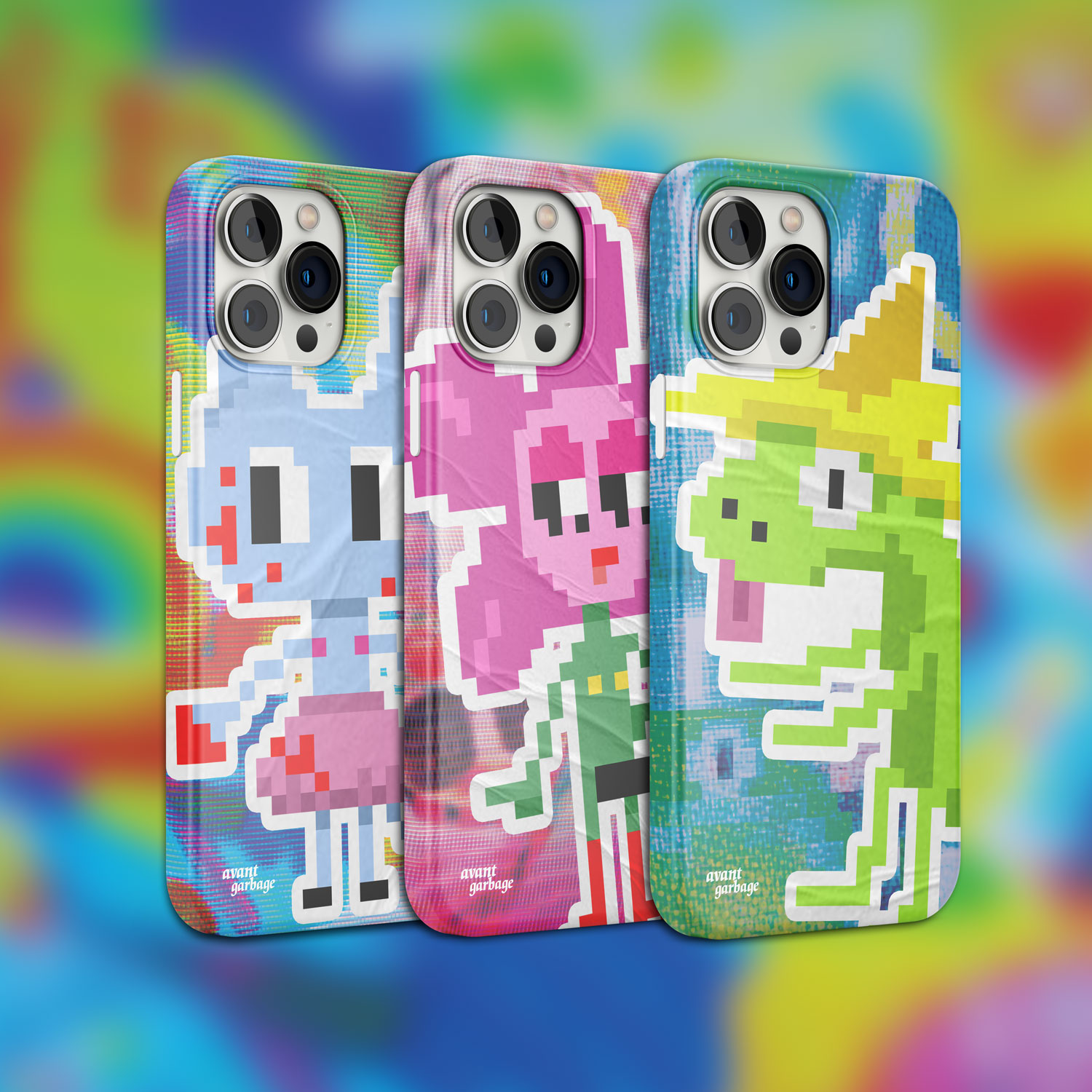 Mockup of three iphone case designs with different collage backgrounds with a pixel art character in the center.
