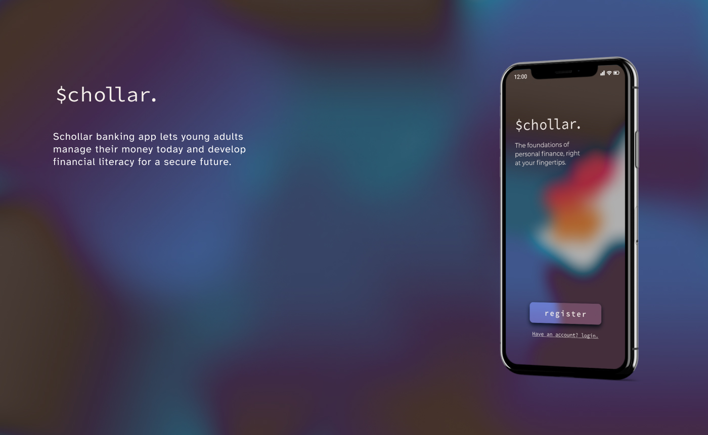 Schollar banking app header with an iphone mockup of the app's landing screen and a dark blue, black, and teal gradient background.