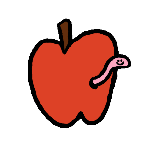 pink worm eating an apple animation